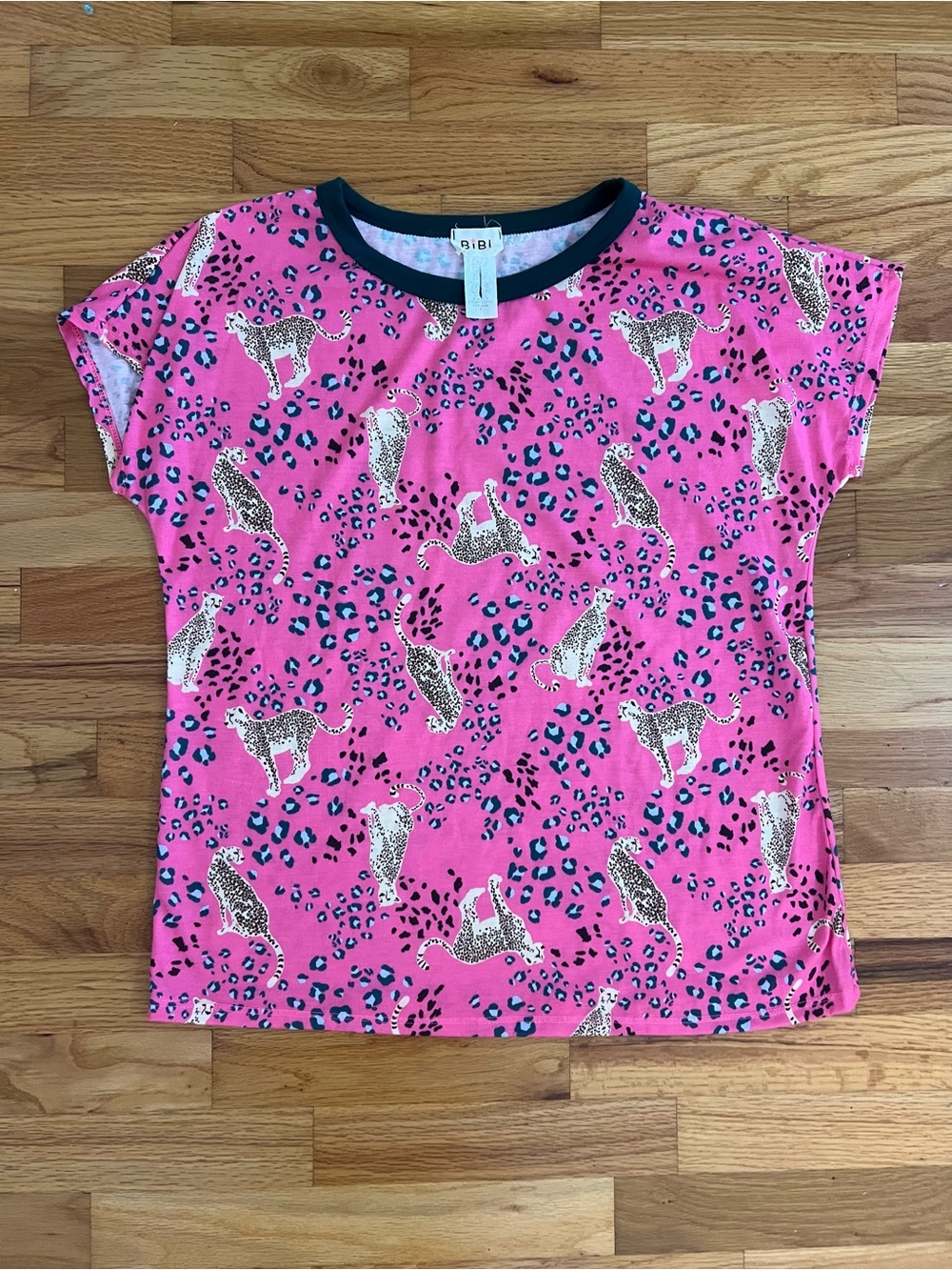 BiBi Pink Cheetah Print Tee with Dark Green Trim